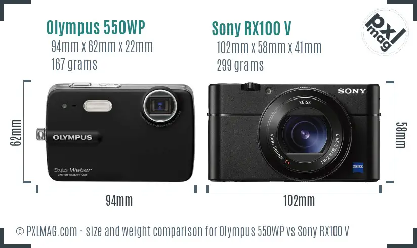 Olympus 550WP vs Sony RX100 V size comparison