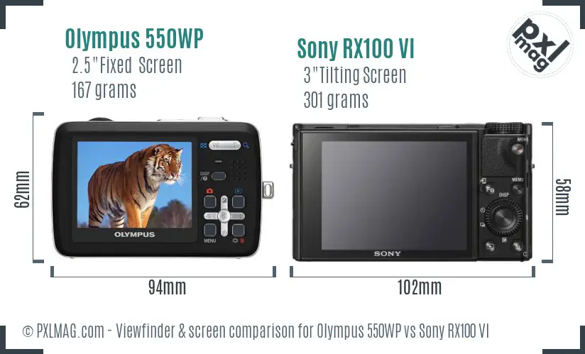 Olympus 550WP vs Sony RX100 VI Screen and Viewfinder comparison