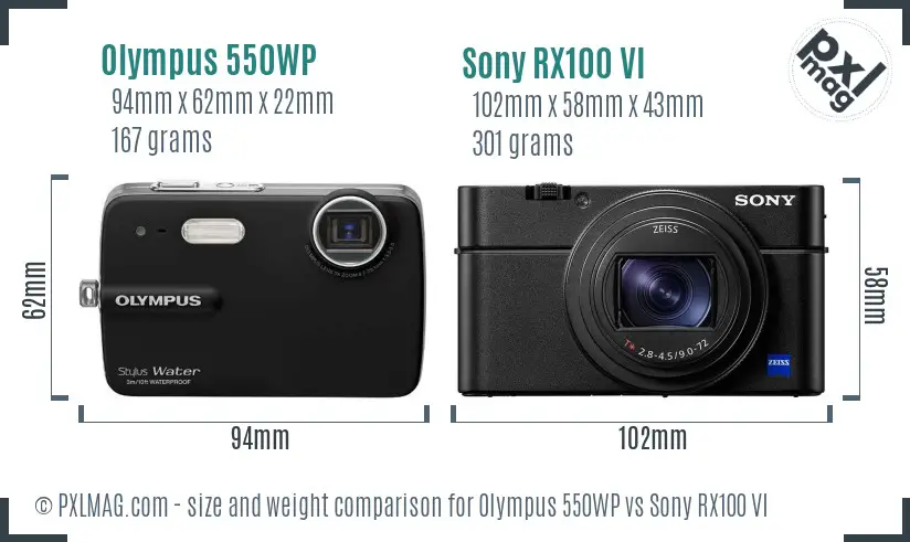 Olympus 550WP vs Sony RX100 VI size comparison