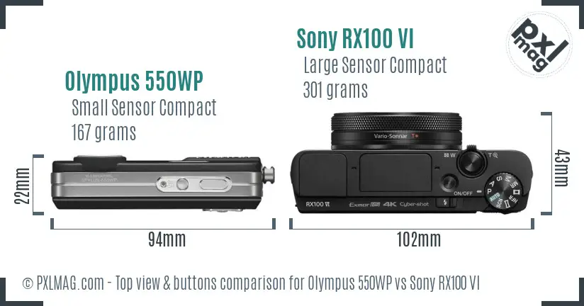 Olympus 550WP vs Sony RX100 VI top view buttons comparison