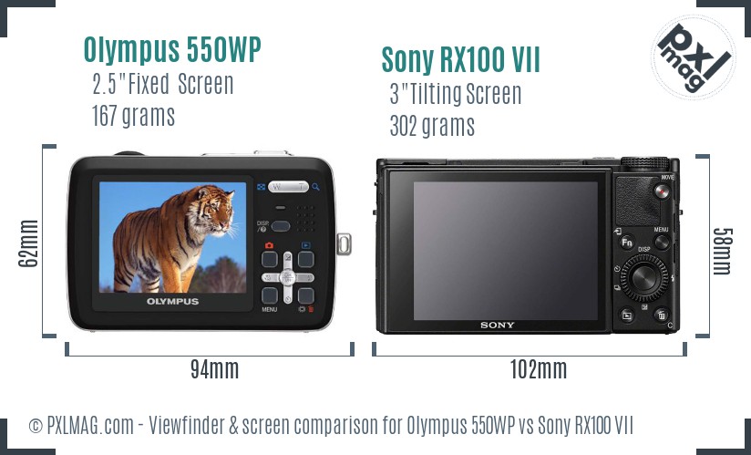 Olympus 550WP vs Sony RX100 VII Screen and Viewfinder comparison