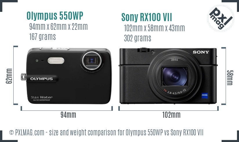 Olympus 550WP vs Sony RX100 VII size comparison