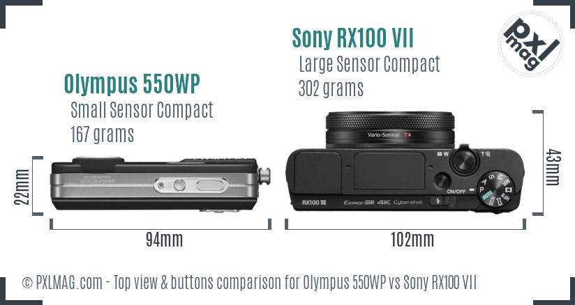 Olympus 550WP vs Sony RX100 VII top view buttons comparison