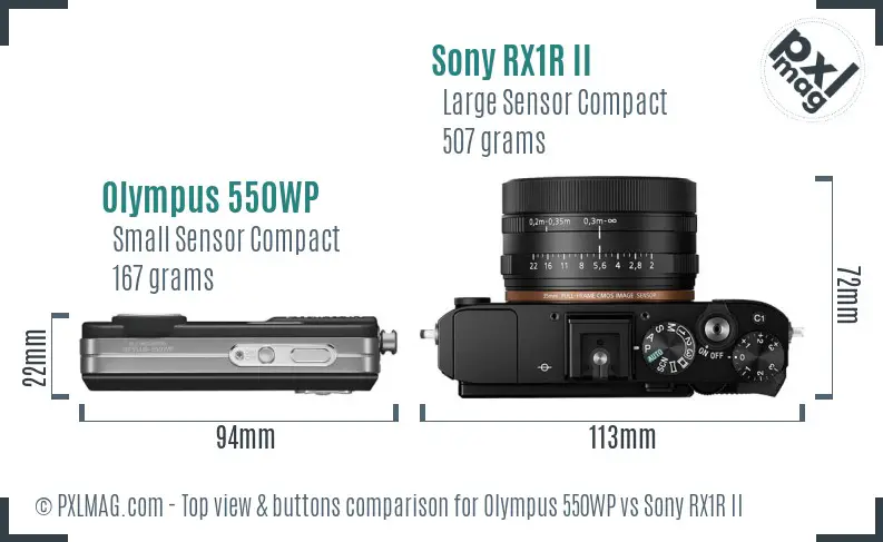 Olympus 550WP vs Sony RX1R II top view buttons comparison