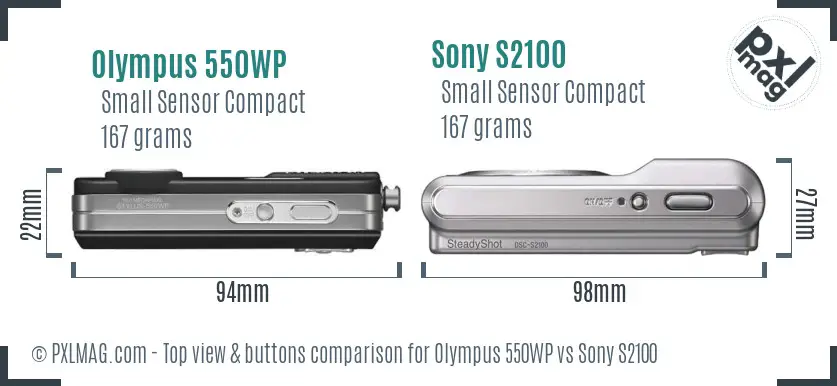 Olympus 550WP vs Sony S2100 top view buttons comparison