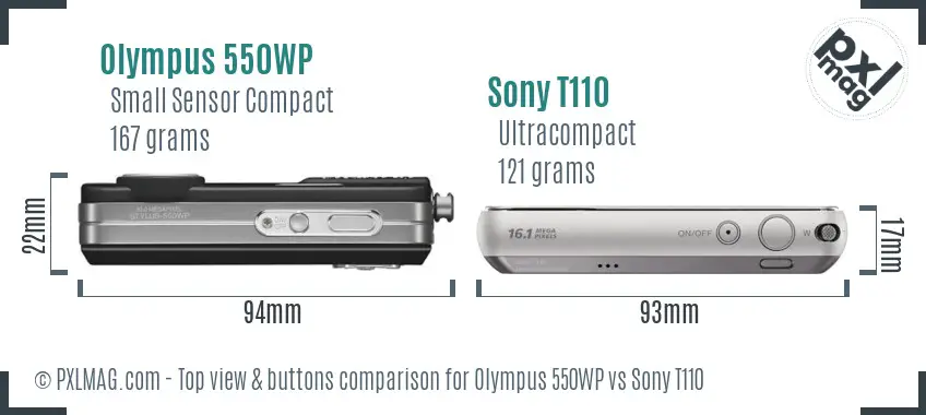 Olympus 550WP vs Sony T110 top view buttons comparison Olympus 550WP vs Sony T110 top view buttons comparison