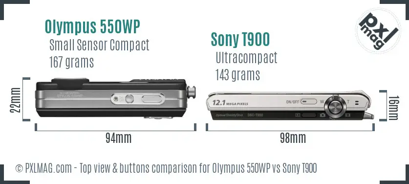 Olympus 550WP vs Sony T900 top view buttons comparison Olympus 550WP vs Sony T900 top view buttons comparison