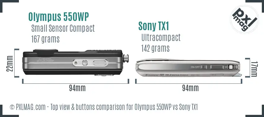 Olympus 550WP vs Sony TX1 top view buttons comparison Olympus 550WP vs Sony TX1 top view buttons comparison