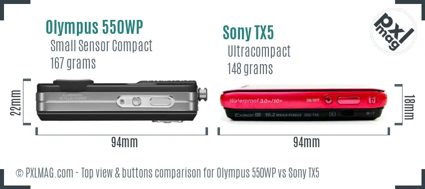 Olympus 550WP vs Sony TX5 top view buttons comparison