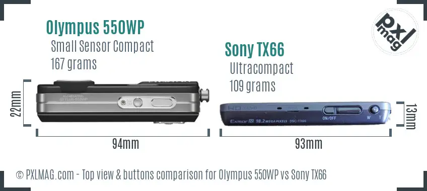 Olympus 550WP vs Sony TX66 top view buttons comparison Olympus 550WP vs Sony TX66 top view buttons comparison
