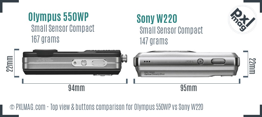 Olympus 550WP vs Sony W220 top view buttons comparison