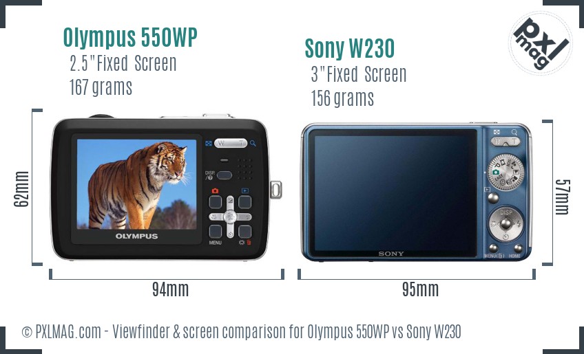 Olympus 550WP vs Sony W230 Screen and Viewfinder comparison