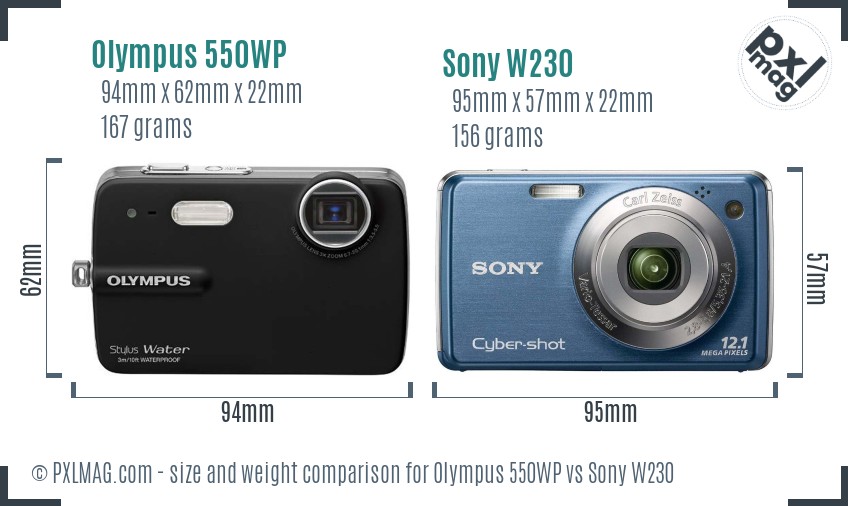 Olympus 550WP vs Sony W230 size comparison