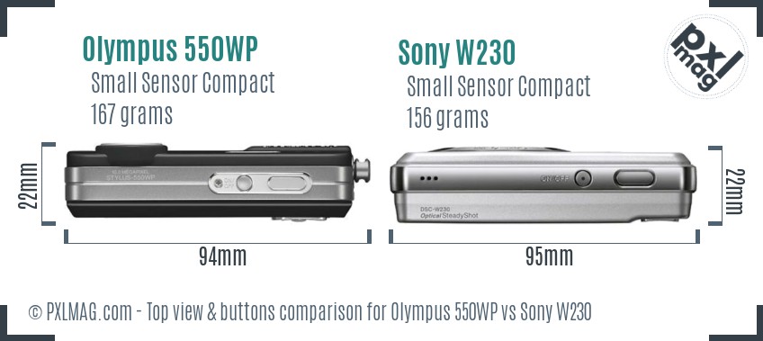 Olympus 550WP vs Sony W230 top view buttons comparison