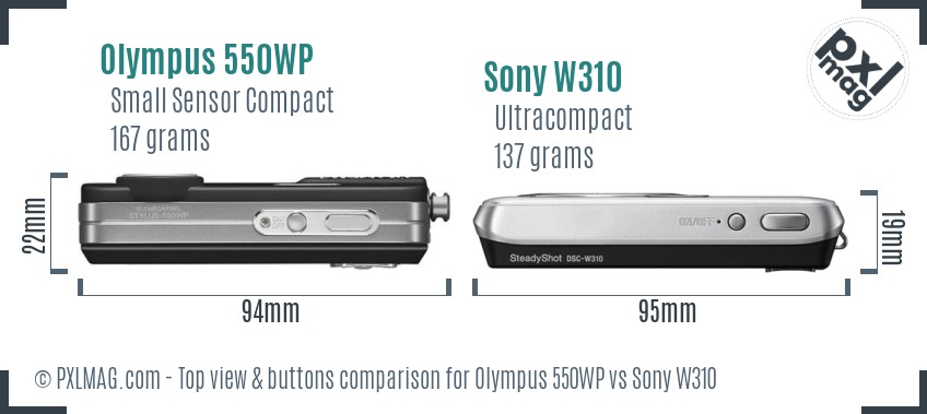 Olympus 550WP vs Sony W310 top view buttons comparison