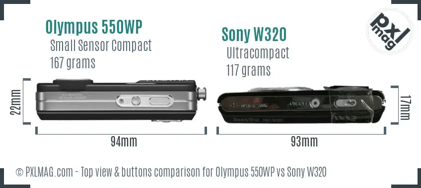 Olympus 550WP vs Sony W320 top view buttons comparison