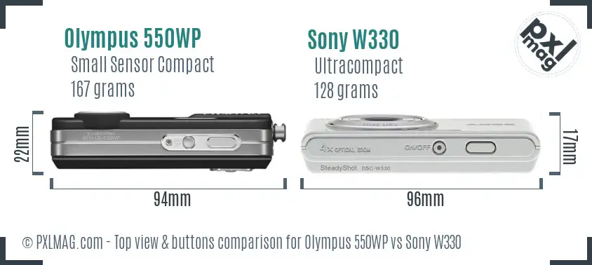 Olympus 550WP vs Sony W330 top view buttons comparison