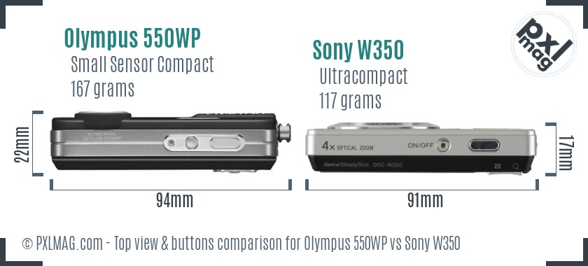 Olympus 550WP vs Sony W350 top view buttons comparison