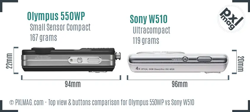 Olympus 550WP vs Sony W510 top view buttons comparison Olympus 550WP vs Sony W510 top view buttons comparison