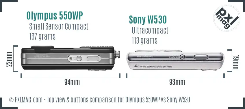 Olympus 550WP vs Sony W530 top view buttons comparison