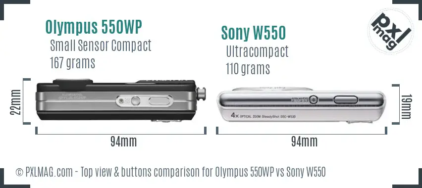 Olympus 550WP vs Sony W550 top view buttons comparison