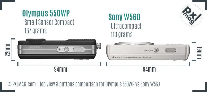 Olympus 550WP vs Sony W560 top view buttons comparison
