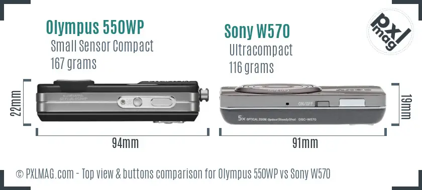 Olympus 550WP vs Sony W570 top view buttons comparison