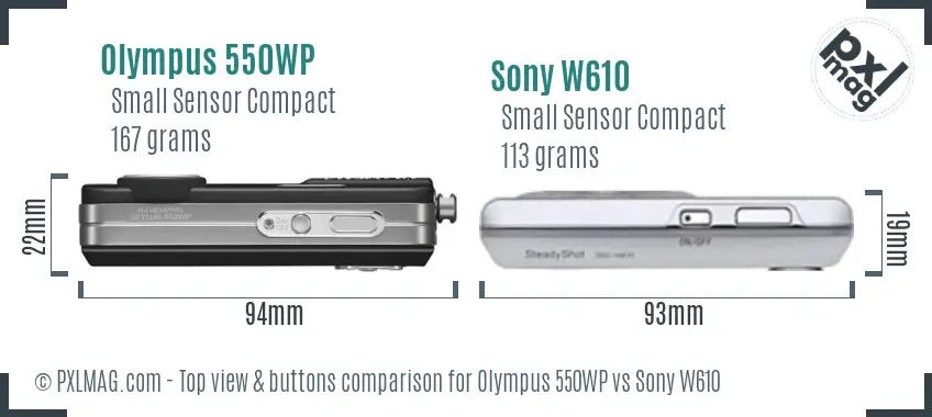 Olympus 550WP vs Sony W610 top view buttons comparison
