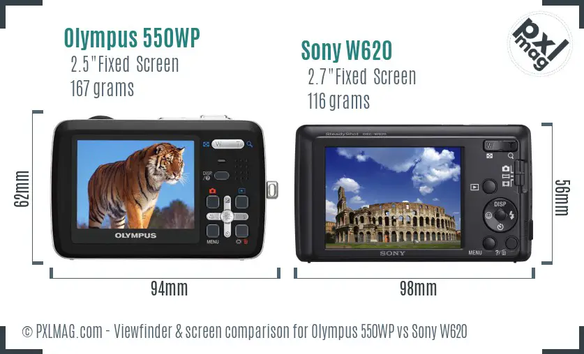 Olympus 550WP vs Sony W620 Screen and Viewfinder comparison