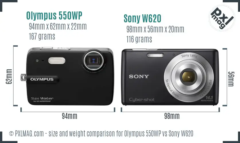 Olympus 550WP vs Sony W620 size comparison