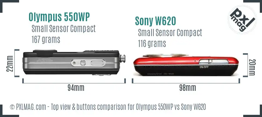 Olympus 550WP vs Sony W620 top view buttons comparison