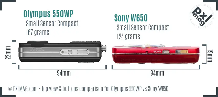 Olympus 550WP vs Sony W650 top view buttons comparison