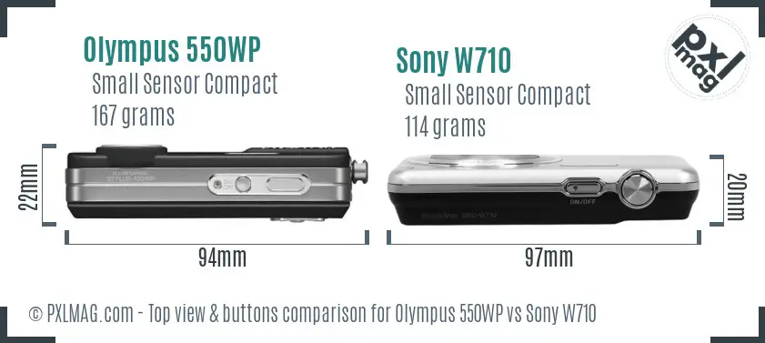 Olympus 550WP vs Sony W710 top view buttons comparison