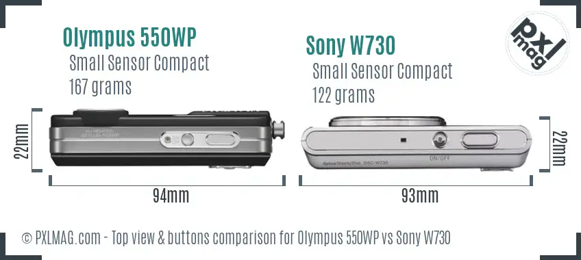 Olympus 550WP vs Sony W730 top view buttons comparison