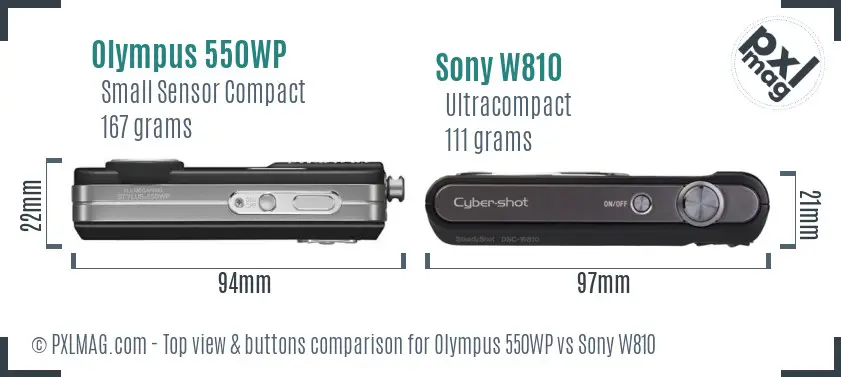 Olympus 550WP vs Sony W810 top view buttons comparison