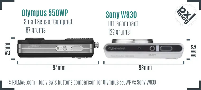 Olympus 550WP vs Sony W830 top view buttons comparison