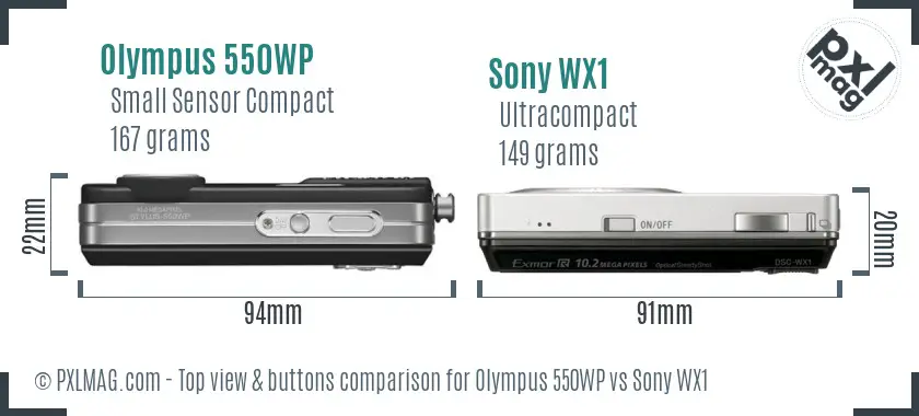 Olympus 550WP vs Sony WX1 top view buttons comparison