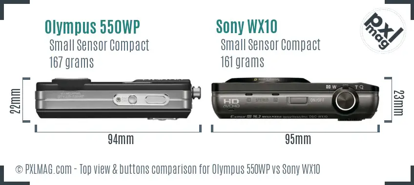 Olympus 550WP vs Sony WX10 top view buttons comparison