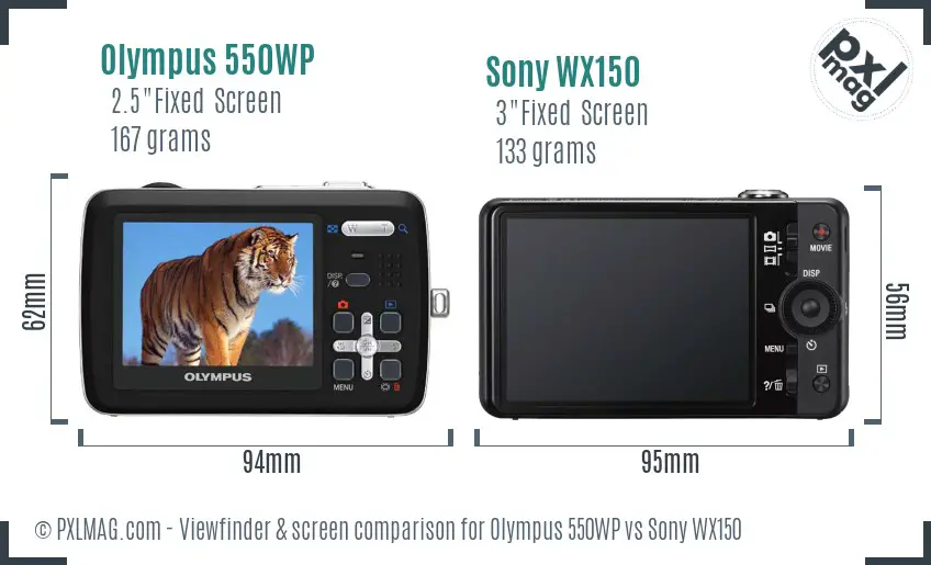 Olympus 550WP vs Sony WX150 Screen and Viewfinder comparison