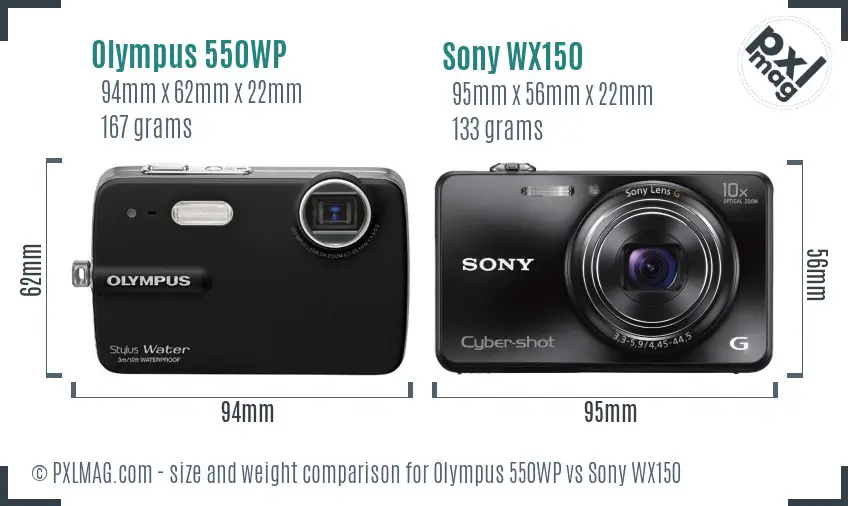 Olympus 550WP vs Sony WX150 size comparison