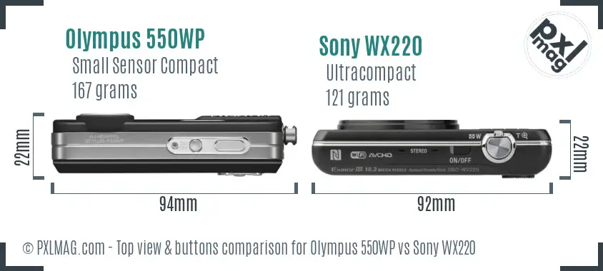 Olympus 550WP vs Sony WX220 top view buttons comparison Olympus 550WP vs Sony WX220 top view buttons comparison