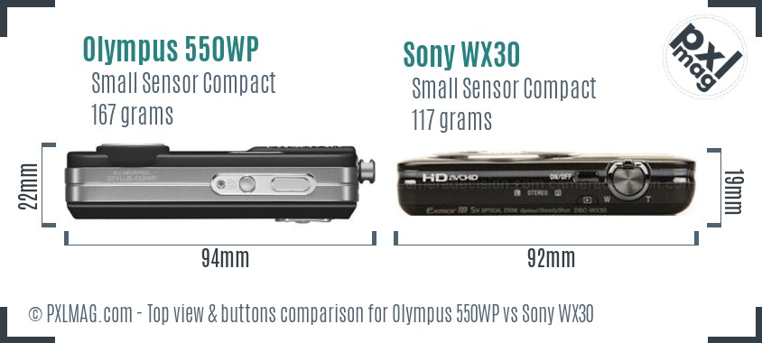 Olympus 550WP vs Sony WX30 top view buttons comparison