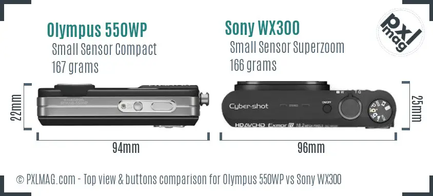 Olympus 550WP vs Sony WX300 top view buttons comparison