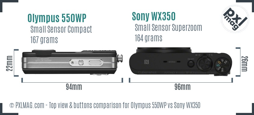 Olympus 550WP vs Sony WX350 top view buttons comparison