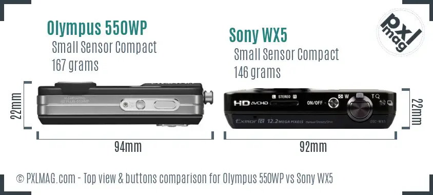 Olympus 550WP vs Sony WX5 top view buttons comparison Olympus 550WP vs Sony WX5 top view buttons comparison
