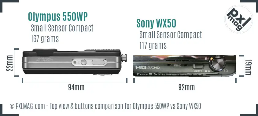 Olympus 550WP vs Sony WX50 top view buttons comparison