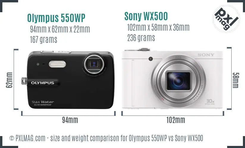 Olympus 550WP vs Sony WX500 size comparison