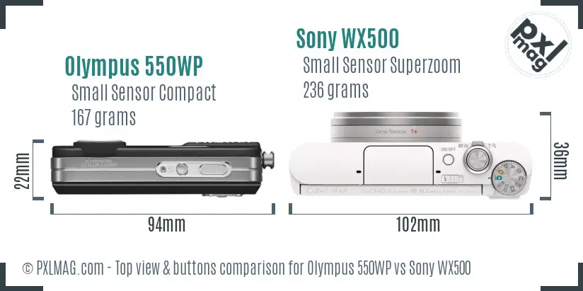 Olympus 550WP vs Sony WX500 top view buttons comparison