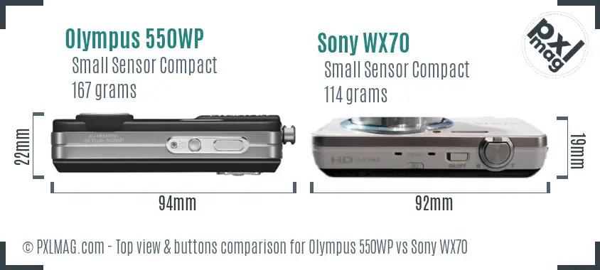 Olympus 550WP vs Sony WX70 top view buttons comparison