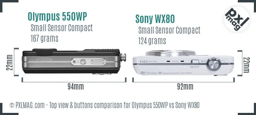 Olympus 550WP vs Sony WX80 top view buttons comparison